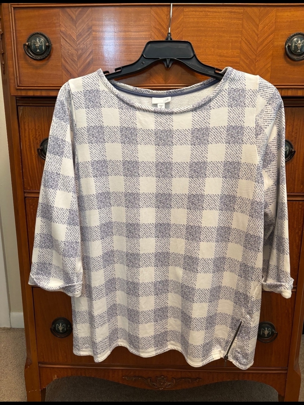 J. Jill Blue Buffalo Checkered Side-Zipper Knit Top Size XL